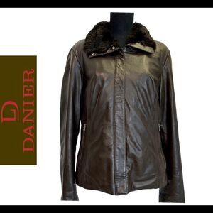 Danier Leather dark chocolate brown rabbit fur trim detail jacket size large